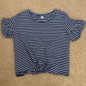 S Blue and White Striped, Ruffle-Sleeve T-Shirt